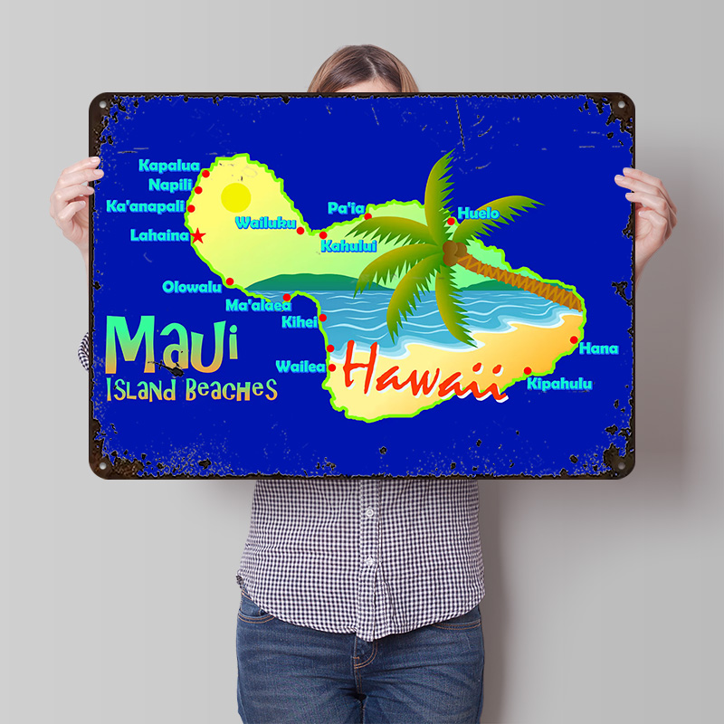 Retro Gaming Island - Mapa plaż wyspy Maui, Hawaje, plakat